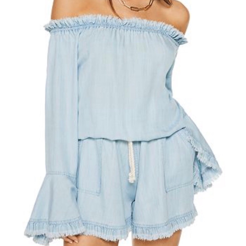 Ramy Brook denim off-the-shoulder romper